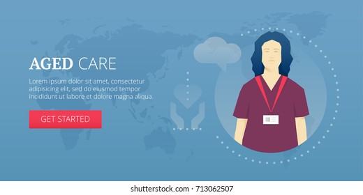 Vector Illustration Of Aged Care Flat Line Style Banner And Nurse With ID Badge.