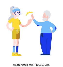 Vector illustration of aged man and woman in sportswear giving each other five in flat style - isolated smiling active elderly people for sporty and healthy lifestyle in old age concept.