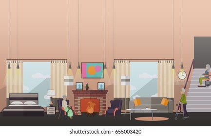 Vector Illustration Of Aged People At Home. Elderly Woman Sitting In Armchair At Fireplace, Senior Man And Woman Moving In The Room Using Walkers And Chair Lift For Stairs. Flat Style Design.