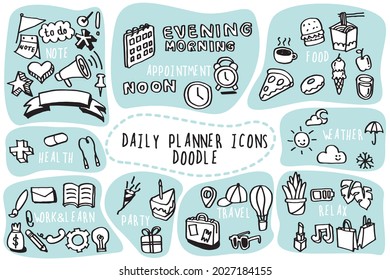 Vector illustration of agenda icons in doodle hand drawn lines. Minimal simple drawing sketch of diary note icons concept contains of note appointment food health weather worklearn party travel relax