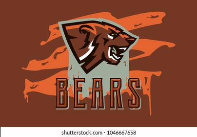 Vector illustration of an aggressive bear ready to attack. Dangerous predator, animal living in the wild forest, teeth, lettering, grunge