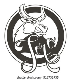 Vector illustration aggressive fighting bull. Wild buffalo bull in cartoon style for mascot and emblems, postcards, logotypes, badges, stickers, stamps, icons, frames, card design set.