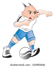 Vector illustration of aggressive goat mascot playing with ball.