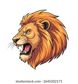 Ilustração vetorial de uma cabeça de leão rugindo agressiva na vista de perfil. Apresentando textura de pele detalhada, dentes afiados e expressão feroz. Perfeito para projetos de mascote, logotipos de esportes, arte de tatuagem, etc