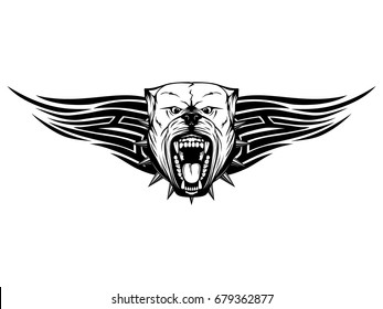 Vector illustration of aggressive snarling dog breed pit bull with an open mouth. Head pitbull with collar with spikes on tribal wings.