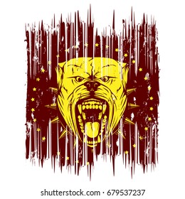 Vector illustration of aggressive snarling dog breed pit bull with an open mouth. Head pitbull with collar with spikes.