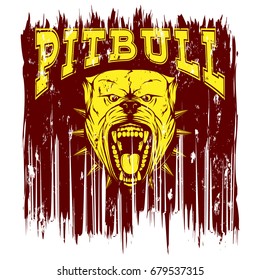 Vector illustration of aggressive snarling dog breed pit bull with an open mouth. Head dog with collar with spikes. Inscription pitbull.