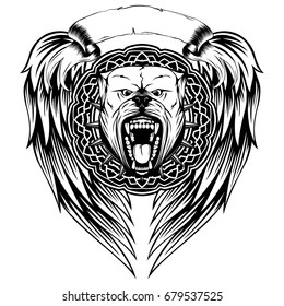 Vector illustration of aggressive snarling dog breed pit bull with an open mouth. Head pitbull with collar with spikes in round frame on wings.