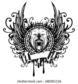 Vector illustration of aggressive snarling dog breed pit bull with an open mouth. Head pitbull with collar with spikes in round frame on abstract patterns and wings.