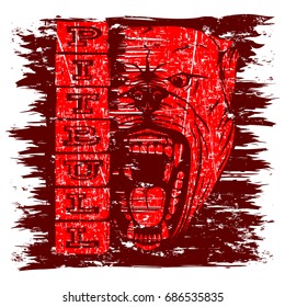 Vector illustration of aggressive snarling dog breed pit bull with an open mouth. Inscription pitbull.