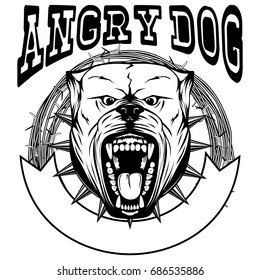 Vector illustration of aggressive snarling dog breed pit bull with an open mouth in frame of barbed wire. Head pitbull with collar with spikes. Inscription angry dog.