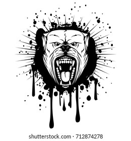 Vector illustration of aggressive snarling dog breed pit bull with an open mouth on grunge background.