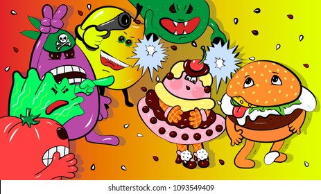 Vector illustration of aggressive vegetables attacking a hamburger and cake