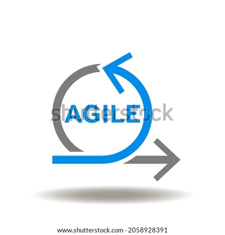 Vector illustration of agile word with arrows round cycle. Symbol of scrum process development. Icon of agile methodology.