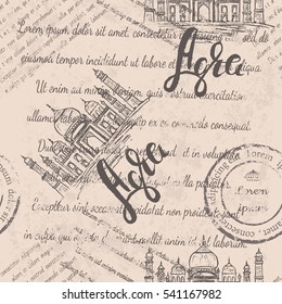 Vector illustration, Agra label with hand drawn the Taj Mahal, lettering Agra, faded text on beige background