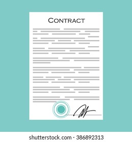 Vector illustration agreement icon in flat style. Business contract with round stamp, seal and signature
