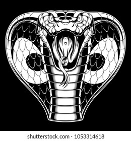 Vector illustration, agressive and evil cobra is attacking., Black and white color, on a black background