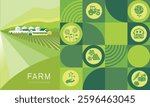 Vector illustration of agricultural banner design. Farm products, crop production, animal husbandry, harvest.