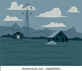 Vector - Ilustración de   Graneros agrícolas y turbinas eólicas , de madera