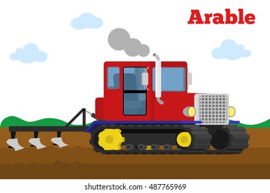 Vector illustration of a agricultural crawler tractor with plow tillage a field. Equipment for agriculture. Arable stage.