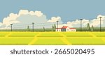 Vector illustration. Agricultural field, wheat, house. Background, banner, cover, postcard. Modern design. Harvest.