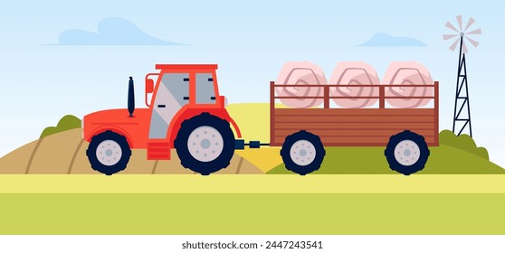 Vector illustration of agricultural machinery: a tractor with a trailer filled with round bales of hay against the background of farm fields and a wind turbine.