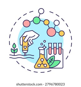 Vector illustration of agricultural research and soil chemistry concept featuring a hand testing soil with a sensor probe, laboratory flask, test tubes, small plant, and chemical molecular structure.