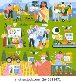 Vector illustration of agricultural technology showcasing AI, drones, and smart farming. Features modern farmers using digital tools, data analysis, and robotic assistance in crop management.