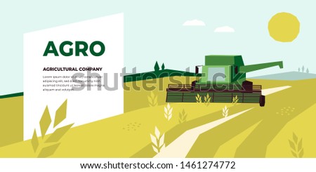 Vector illustration of Agriculture with Combine Harvester working in field. Design for Agricultural Company, harvest field,farm land. Template for banner,annual report,prints, flyer,landing page, blog