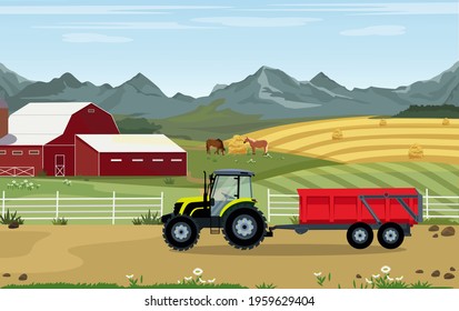 Vector illustration of agriculture and farming. Agribusiness. Rural landscape with a farm and a tractor with trailer. Design elements for infographics, websites and print media