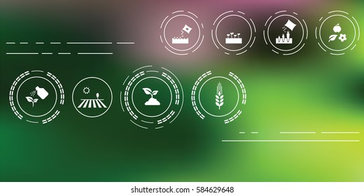 ilustración vectorial de íconos agrícolas para conceptos agrícolas y de jardinería sobre fondo borroso abstracto