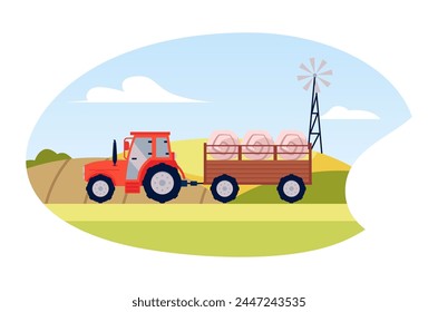 Vector illustration for agriculture: A red tractor on a trailer transports large bales of hay across farm fields with a wind turbine. Icon for design with agricultural machinery.