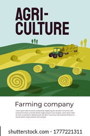 Vector illustration of agriculture with tractor, hayfield, haystack rolls in farm land. Machinery, farming industry poster. Harvest season in countryside, autumn rural landscape. Flyer, brochure, ad