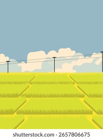 Ilustración vectorial. Agricultura, campos de trigo, cosecha. Cartel de viaje, Anuncio, folleto.