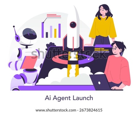Vector illustration of an AI agent launch strategy. A robot interacts with creatively dressed individuals, focusing on a rocket model, emphasizing teamwork and technology innovation.