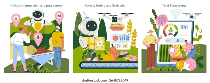 Vector illustration of AI in agriculture showing pest control, harvest sorting with drones, and yield forecasting. Depicts robots analyzing crops for efficient farming solutions.