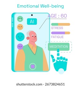 Ilustración vectorial de un App de IA en la pantalla de un smartphone analizando el bienestar emocional de una persona mayor, mostrando emociones y niveles de estrés, y sugiriendo meditación.