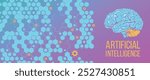 Vector illustration of an Ai brain with a hexagonal background. Ai banner with A blue background.