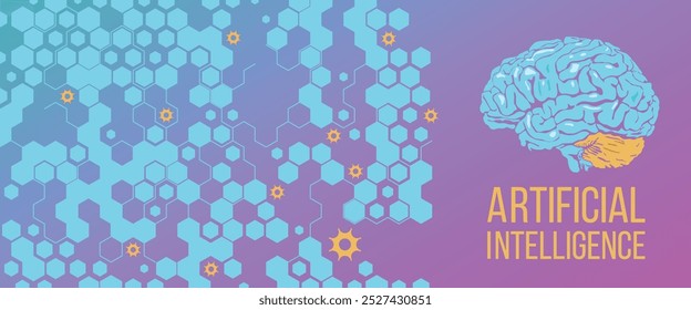 Ilustração vetorial de um cérebro de Ai com um fundo hexagonal. Banner Ai com fundo azul.