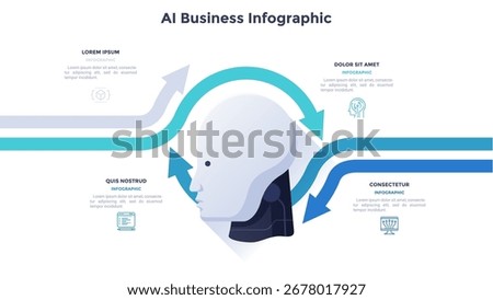 Vector illustration with AI business infographic with robot head and arrows circling it. Artificial intelligence concept for data visualization, business presentation.