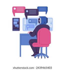 Vector illustration of an AI character engaged in communication management, surrounded by message bubbles and interfaces, depicting interactive digital correspondence.