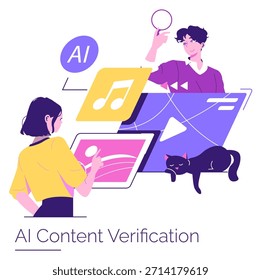 Vector illustration of AI content verification featuring two people interacting with digital devices. Concepts like AI, music, and video are depicted in an engaging scene with a cat nearby.