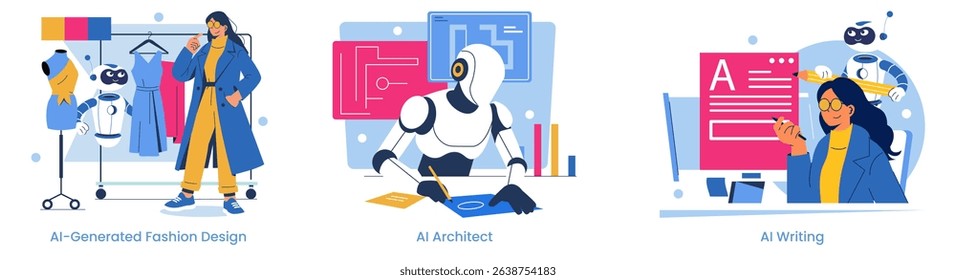 Vector illustration of AI innovations in fashion design, architecture, and writing. Includes a robot assisting a stylist, designing spaces, and writing content alongside a professional.