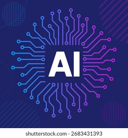 Vektorgrafik des AI-Logos mit digitaler Leiterplatte und Netzwerkverbindungen. Künstliche Intelligenz Schaltkreis Hintergrund mit AI in blau violetten Farbverlauf. Abstrakter technologischer Hintergrund.
