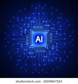 Vector illustration of AI processor chip related to artificial intelligence, machine learning, data science and analytics, cloud computing technology