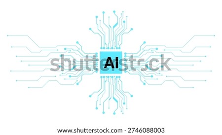Vector illustration of an AI processor chip with circuit board pattern in cyan blue. Tech concept for artificial intelligence, machine learning and digital technology design.