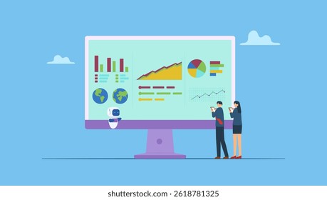 La Ilustración vectorial del asistente de robot de IA lee el panel de datos a los empresarios para tomar decisiones comerciales. Herramientas de análisis potenciadas por inteligencia artificial. Decisiones empresariales inteligentes