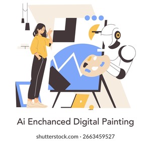 Ilustração vetorial de um robô de IA que ajuda um artista a criar arte digital. A cena captura a interação humano-robô com o robô segurando uma paleta e se envolvendo em tarefas criativas.