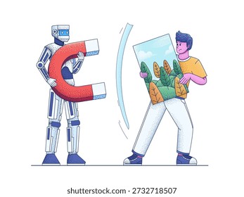 Ilustração vetorial de um robô de IA tentando coletar dados de treinamento de um artista humano. Este visual representa perfeitamente a controvérsia entre artistas humanos e IA, e violação de direitos autorais.