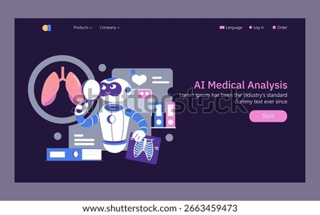 Vector illustration of an AI robot examining medical data using digital tools. Features lungs and X-ray scans, highlighting technology's role in healthcare analysis.